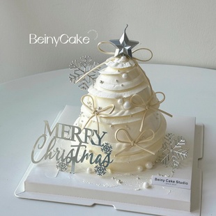 2026圣诞节许愿树蛋糕装 扮插件 饰银色圣诞英文亚克力雪花平安夜装