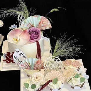 2026网红情人节中式蛋糕装饰木质扇子蝴蝶兰喷泉草甜品台装扮插件