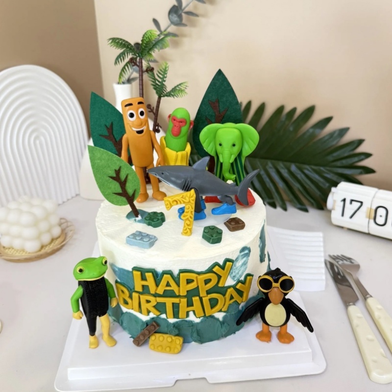网红山海经穿鞋的鲨鱼蛋糕装饰摆件木棍子卡通儿童男孩生日插件