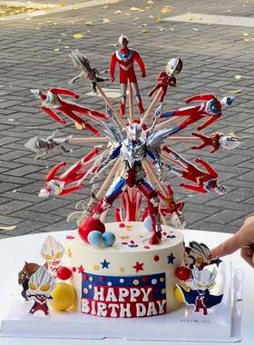 网红超人蛋糕装饰摆件电动旋转摩天轮男孩儿童生日烘焙插件插牌