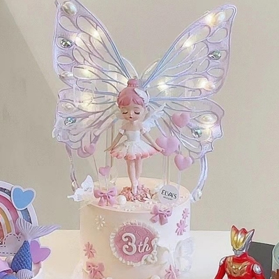 粉色芭蕾舞裙女孩刺绣蝴蝶带灯