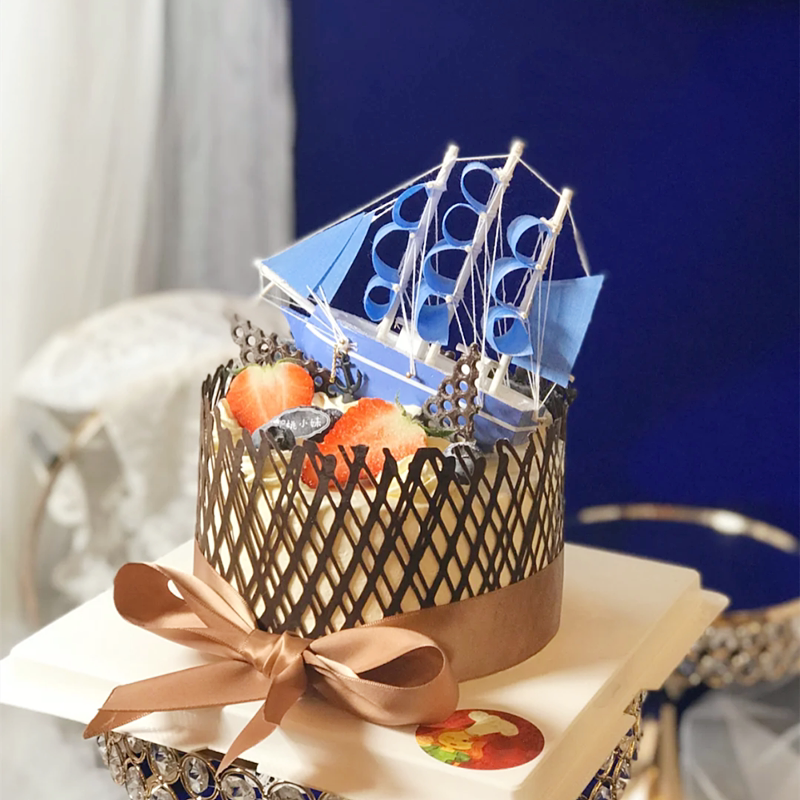 帆船蛋糕装饰摆件蓝色小帆船大号带灯帆船一帆风顺蛋糕烘焙配件