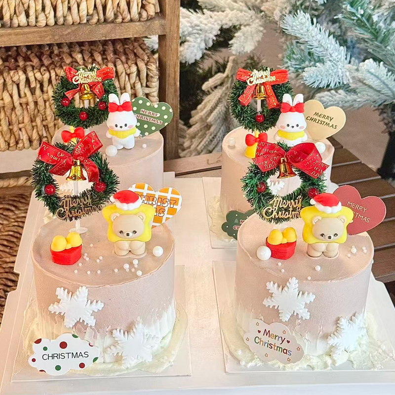 2026圣诞节星星小熊小兔子蛋糕装饰圣诞草圈铃铛雪花烘焙装扮插件