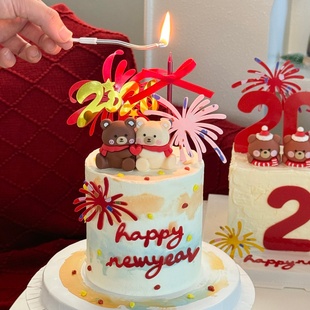 2026新年快乐礼花亚克力蛋糕装 饰插牌围巾爱心小熊摆件跨年插件