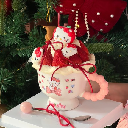 网红新年圣诞节kitty草莓杯蛋糕装饰Hellokitty甜品蛋糕杯陶瓷杯