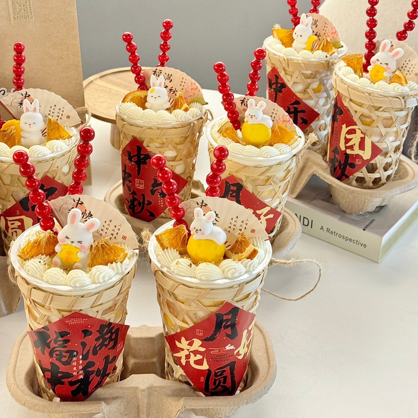 2025中秋节竹篮竹篓啵啵杯蛋糕装饰小兔子摆件中秋快乐贴纸手提篮