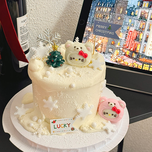 2026圣诞节可爱kt熊蛋糕装饰卡通hellokitty圣诞快乐插旗烘焙装扮