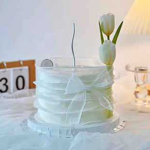 38女王节蛋糕装饰郁金香花束白色丝带女神妇女节蛋糕插件插牌摆件