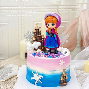 饰摆件宝宝生日蛋糕装 冰雪安娜公主蛋糕装 扮彩色蝴蝶结生日插牌