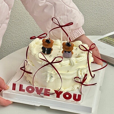 520情人节西服格子小熊蜡烛蛋糕装饰摆件ILOVEYOU亚克力烘焙插件