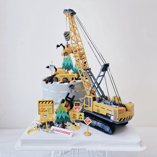 儿童蛋糕装饰摆件吊车起吊机起重机挖机推土机男孩生日插牌插件