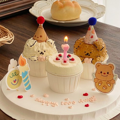 黄油小熊纸杯蛋糕装饰插牌粉色爱心蜡烛毛球小帽子生日装扮插件