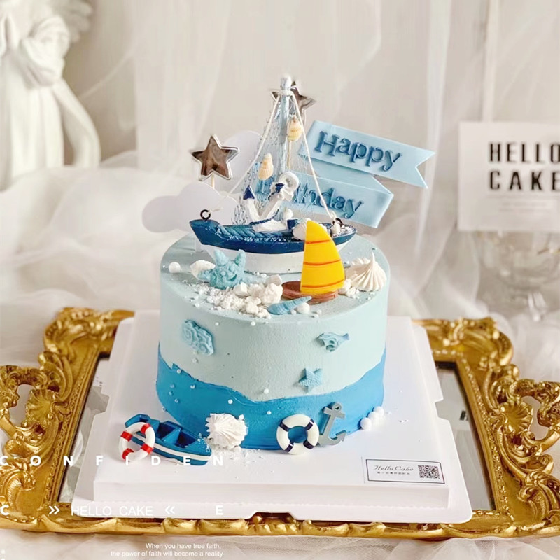 毕业季蛋糕装饰木质帆船大号帆船船锚乘风破浪毕业生蛋糕插件插牌