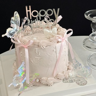 饰蝴蝶结蜡烛鱼尾纱女神仙女生日甜品台装 网红幻彩蝴蝶蛋糕装 扮