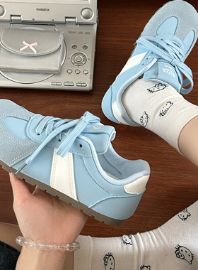 春日商店蓝色德训鞋女2025新款夏季小众复古平底运动休闲百搭板鞋