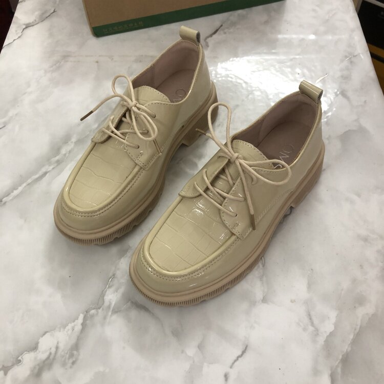 新款超软牛皮亮面乐福鞋英伦风洋气系带小皮鞋时尚百搭单鞋女中跟
