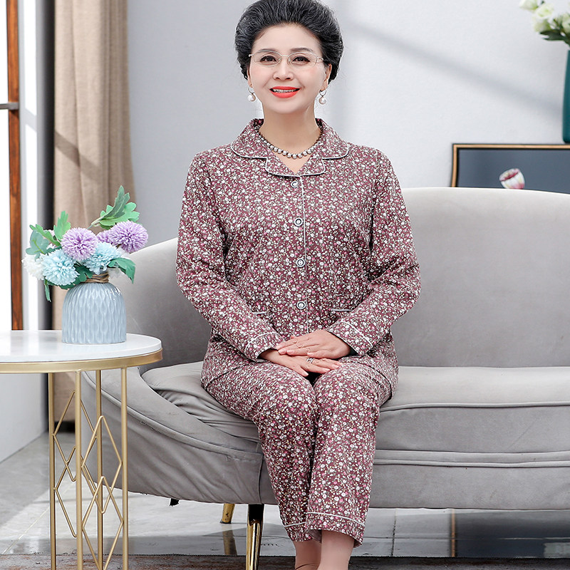 中老年睡衣女春秋季纯棉长袖妈妈睡衣老年人奶奶加大码薄款家居服