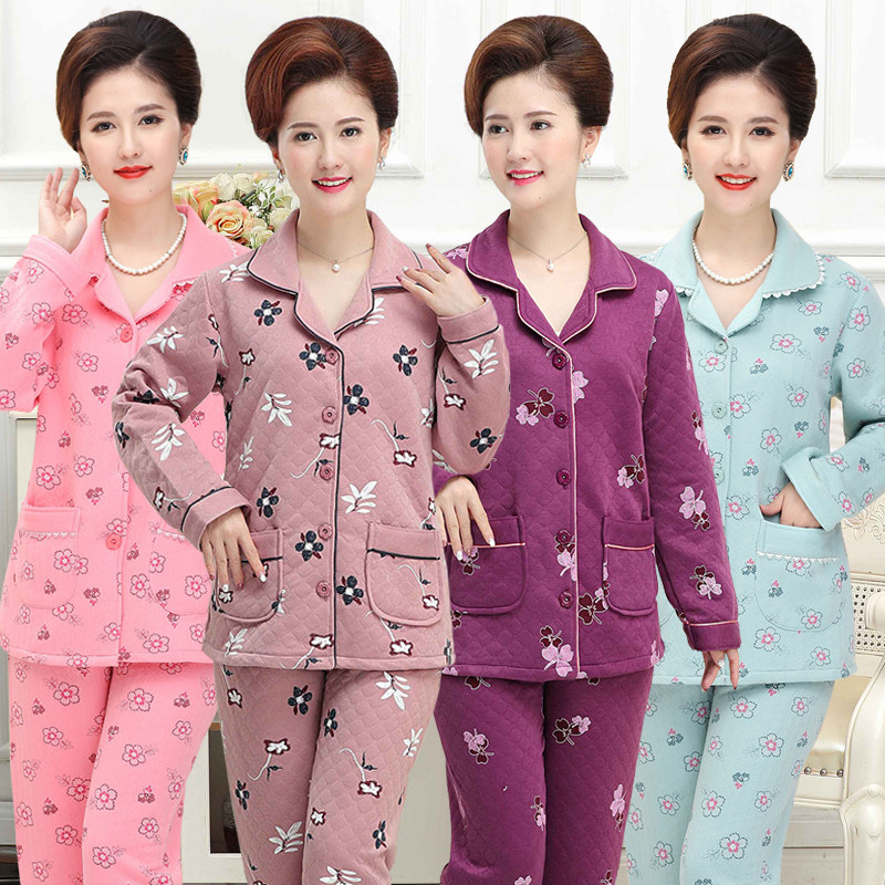 妈妈睡衣女秋冬季中老年加厚空气棉夹棉夹层老年人奶奶婆婆家居服