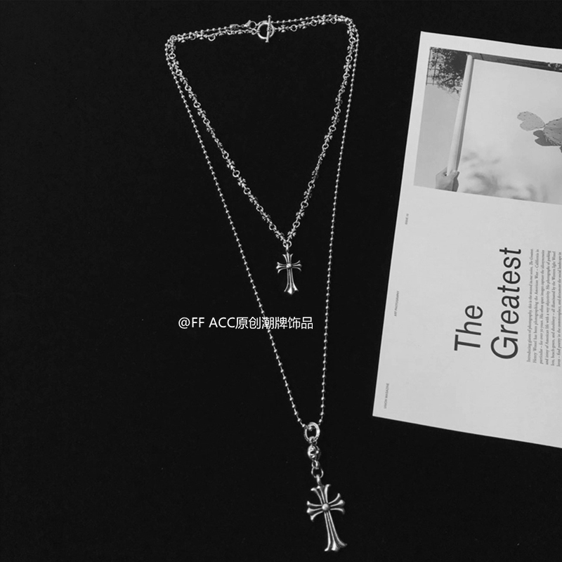 小众复古双层叠戴十字架项链潮流