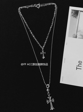 小众复古双层叠戴十字架项链潮流