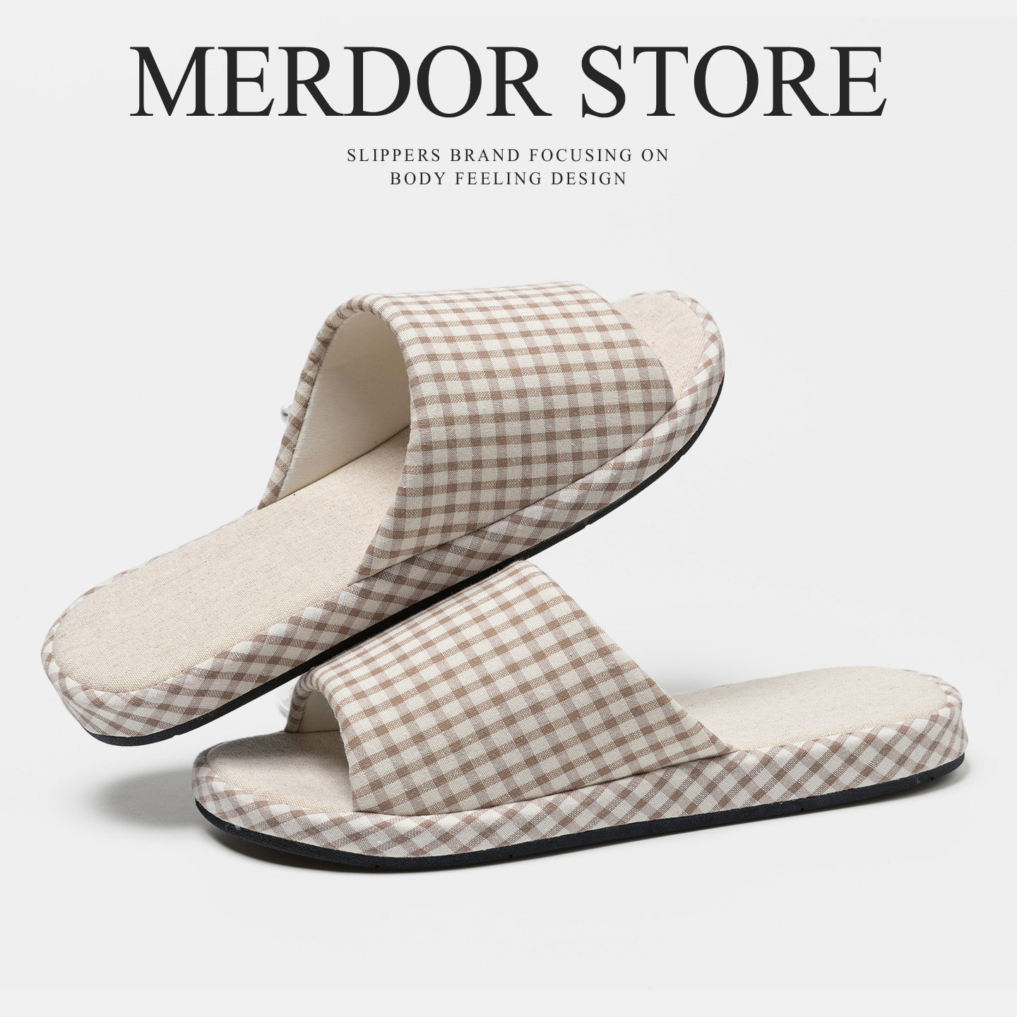 日式棉麻拖鞋男士夏季室内家居家用防滑软底小格子棉布拖鞋女春秋