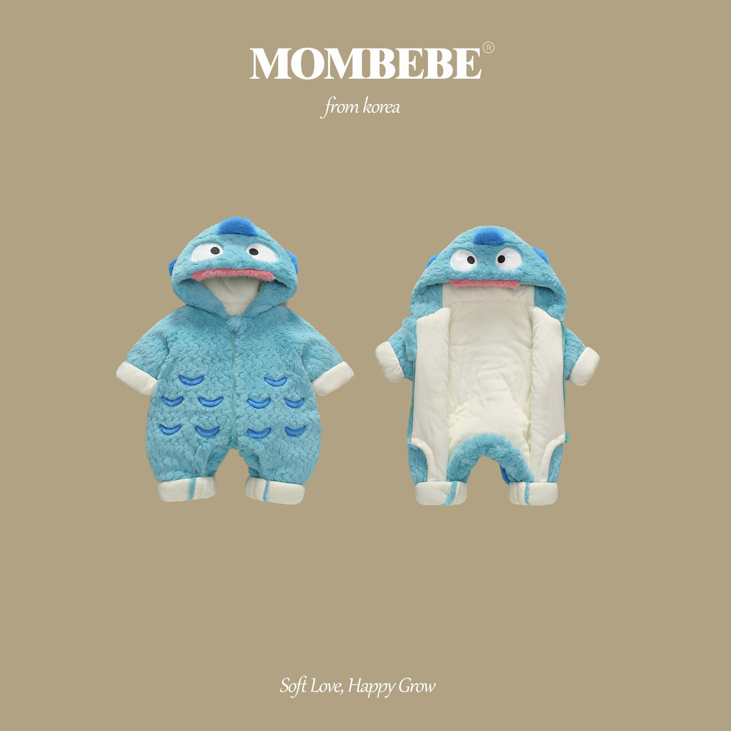 韩国MOMBEBE超萌可爱恐龙连体衣婴儿加绒厚保暖连帽爬服冬季哈衣