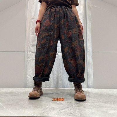 复古印花加绒加厚牛仔裤女