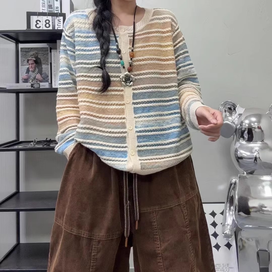 套头宽松型V领纯棉文艺针织开衫