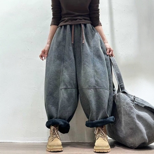 保暖老爹裤 加绒加厚雕花牛仔裤 复古炒色宽松大码 新款 女2025冬季