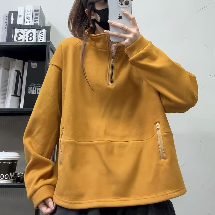 韩版设计感宽松显瘦加绒半拉链