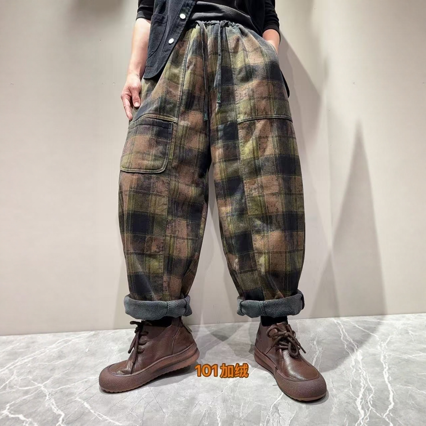 复古印花加绒加厚牛仔裤女