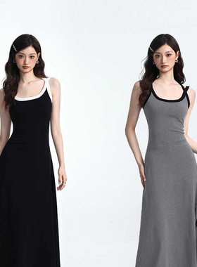 ACHIEVE ACHV黑色吊带背心裙女夏季小众辣妹收腰中长款无袖连衣裙