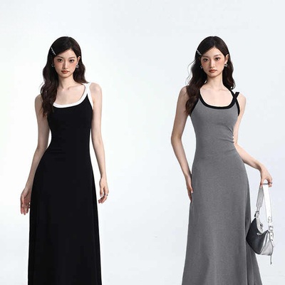 ACHIEVE ACHV黑色吊带背心裙女夏季小众辣妹收腰中长款无袖连衣裙