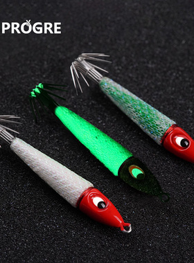 大剑PROGRE真钓发光铅头火箭吹筒鱿鱼钩BM单伞钩墨鱼路亚假饵乌贼