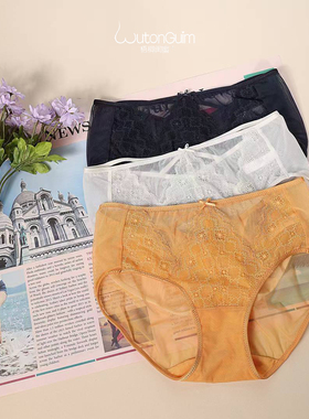 梧桐闺蜜内裤线缀中腰平角裤后腰镂空性感蕾丝纯棉底裆GM23763