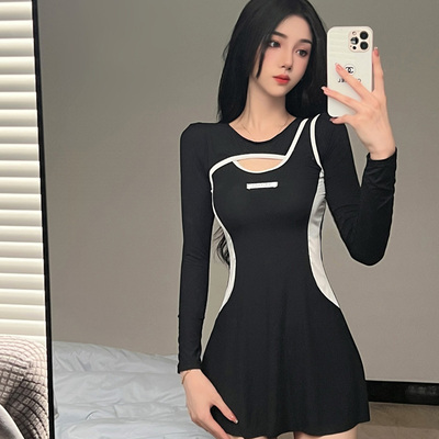 温泉泳装长袖女连体裙式遮肉显瘦