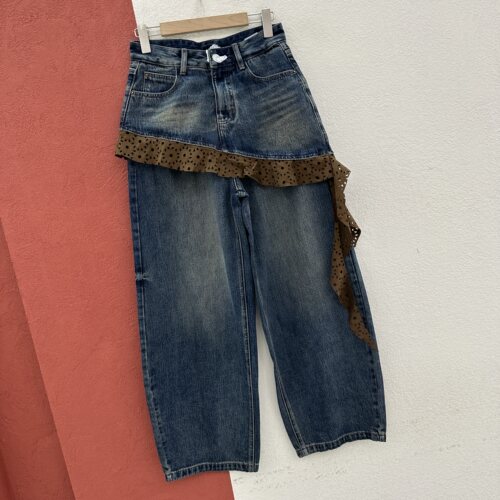 2026秋款N FASHION JEANS韩酷莱5599牛仔女假两件蕾丝屁帘弯刀裤