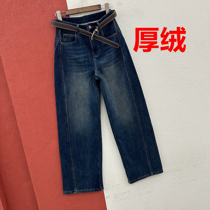 冬季JEANS红提子19406保暖牛仔裤女复合厚绒压线弹力显瘦弯刀长裤