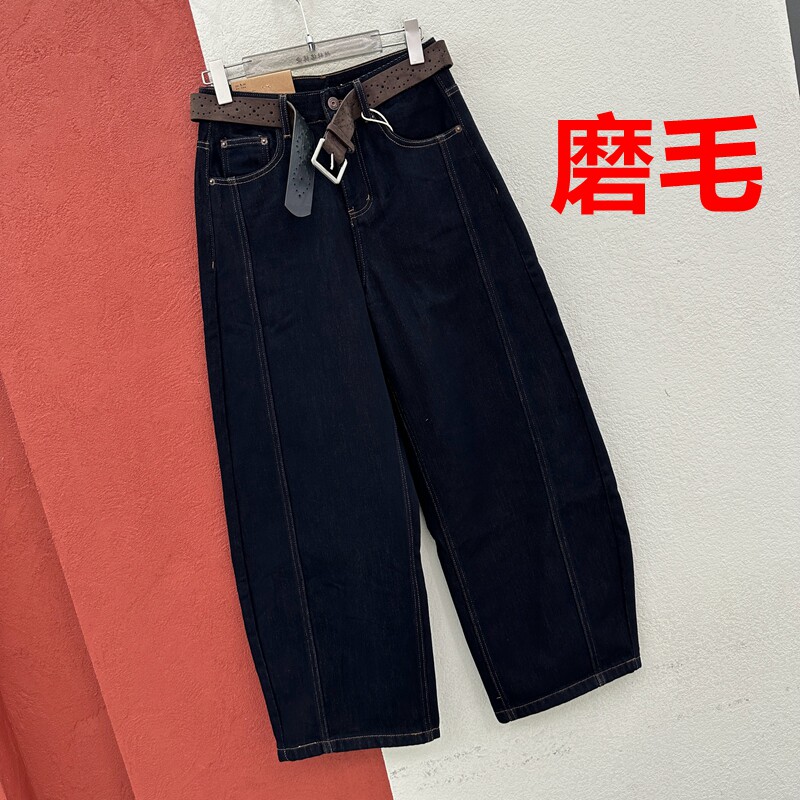 秋冬欧货JEANS红提子19211普洗蓝牛仔裤女压线翻盖磨毛薄绒弯刀裤