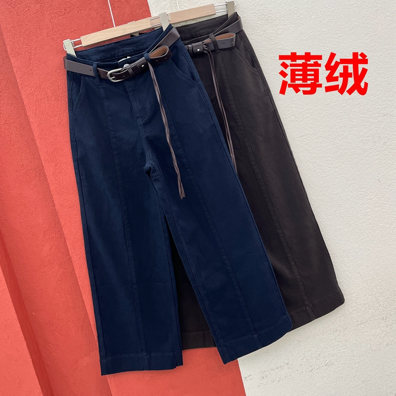 JEANS韩酷莱22514牛仔裤女高腰显瘦加绒直筒裤宽松垂感九分赫本裤