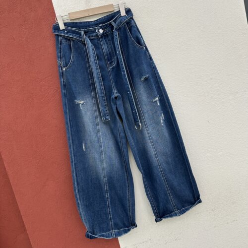 2026春夏欧货JEANS韩酷莱66350破洞牛仔裤女垂感翻盖弯刀裤镰刀裤