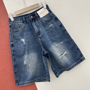 春夏欧货Q FASHION JEANS酷希莱9688牛仔裤女破洞阔腿五分裤中裤