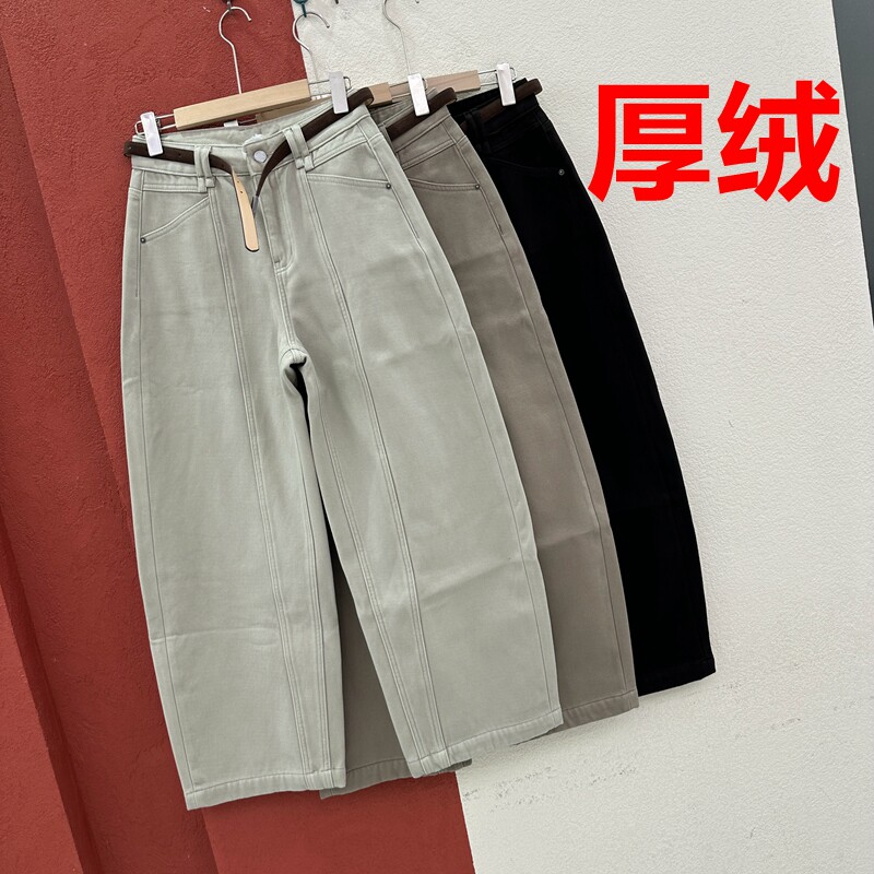 冬季FASHION JEANS沫子18987牛仔裤女复合厚绒弯刀长裤鱼骨线棉裤