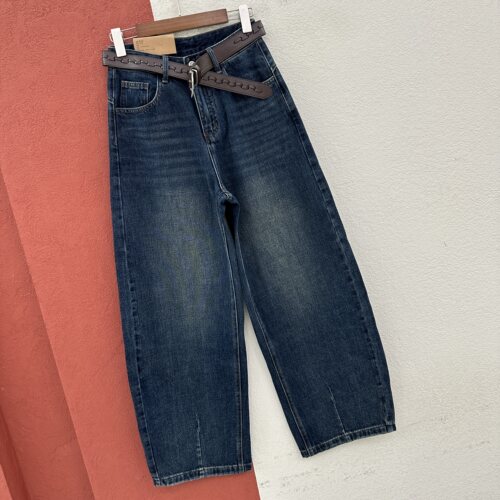 2026秋款JEANS红提子19043牛仔裤女高腰压线翻盖袋口拖地弯刀裤