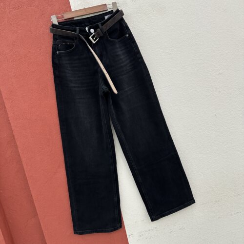 2026秋款JEANS港恋68547牛仔裤女黑灰色高腰弹力皮标阔腿裤直筒裤