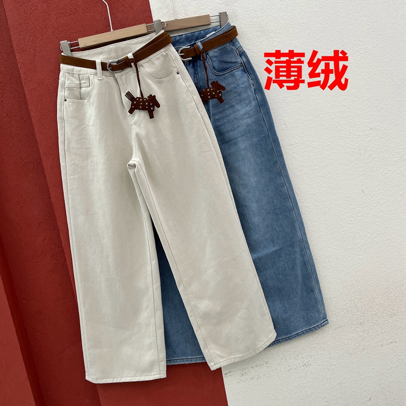 秋冬YKK JEANS金蚂蚁9106牛仔裤女刺绣蝴蝶结加绒直筒裤阔腿裤子