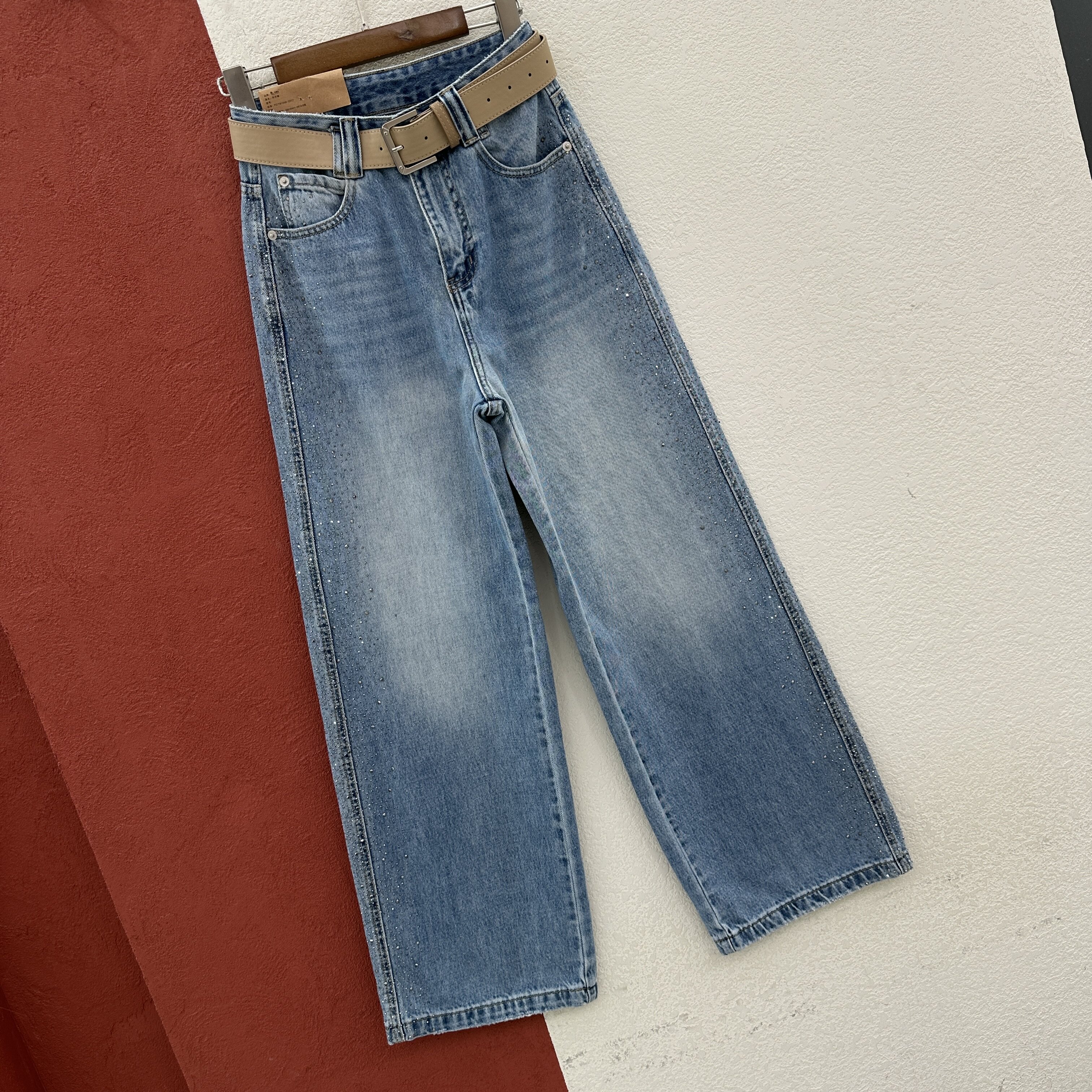 2026春款HYFS JEANS红提子66086牛仔裤女高腰显瘦烫钻窄版直筒裤