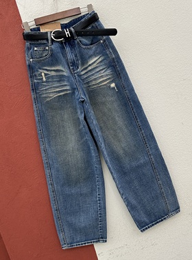 春款HTZ JEANS红提子66003牛仔裤女复古猫须砂洗弯刀裤高腰香蕉裤