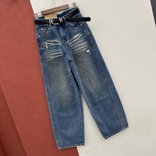 春款HYFS JEANS红提子66003牛仔女复古猫须砂洗弯刀裤高腰香蕉裤