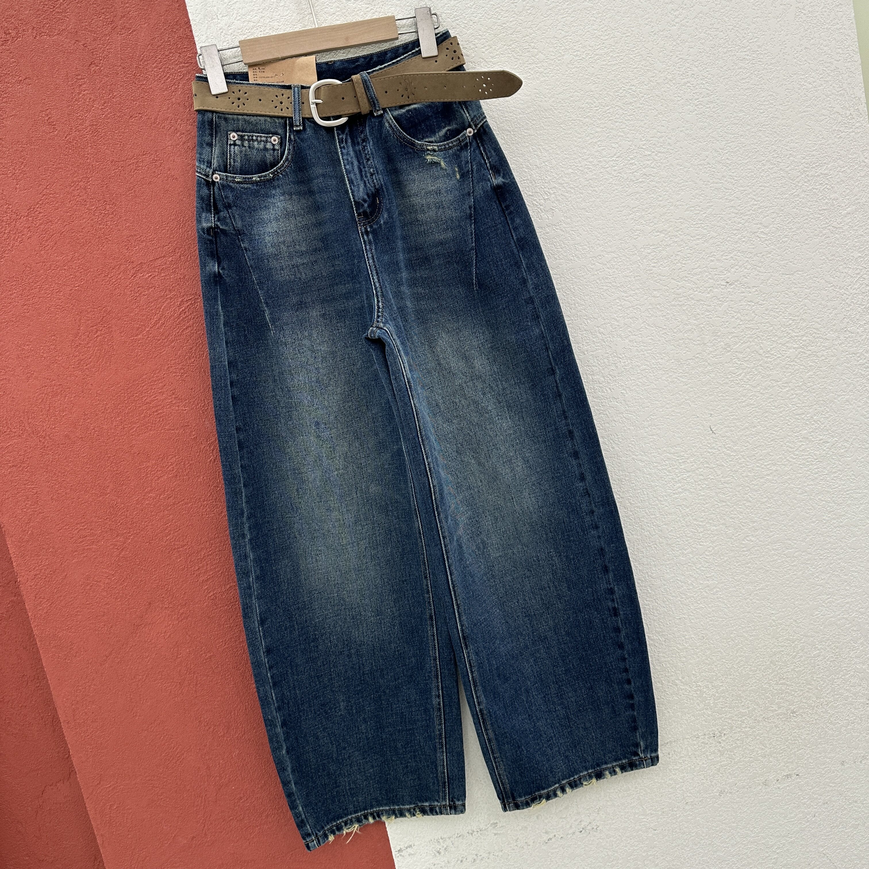 2026秋款JEANS红提子19012高腰显瘦弯刀牛仔裤女磨破香蕉裤拖地裤